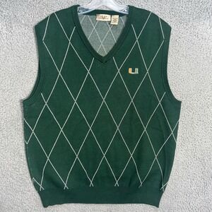 VTG Vesi U Miami Hurricanes Sweater Vest Men Sz L Green V Neck Argyle Embroider